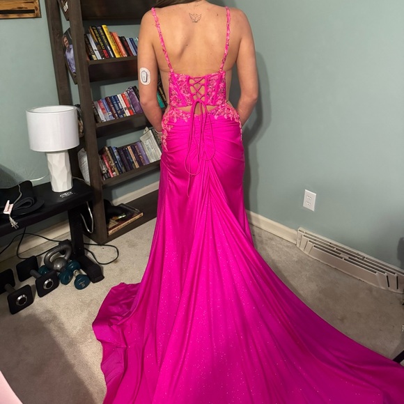Vibrant Pink Evening Gown with Floral Details - Picture 2 of 2